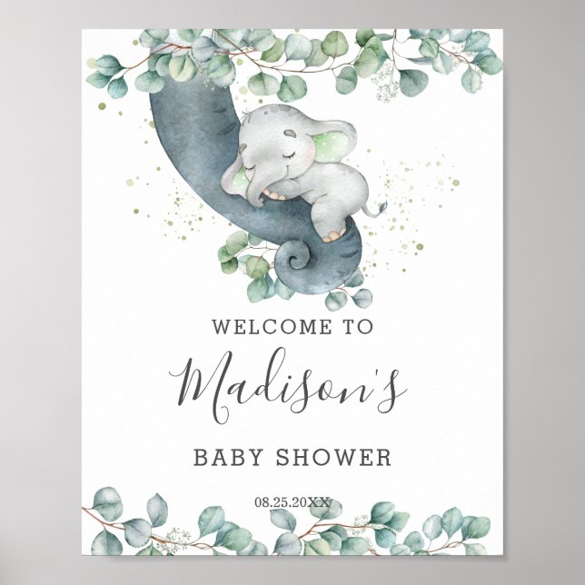 Greenery Elephant Neutral Baby Shower Welcome  Poster (Front)