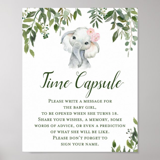 Greenery Elephant Time Capsule for GIRL Sign (Front)