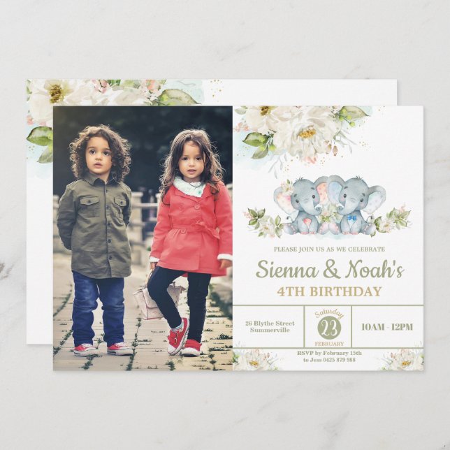 Greenery Elephant Twins Boy Girl Birthday Photo Invitation (Front/Back)