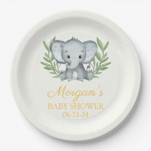 Greenery Elephant Yellow Neutral Baby Shower Paper Plate