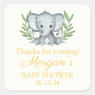 Greenery Elephant Yellow Neutral Baby Shower Square Sticker