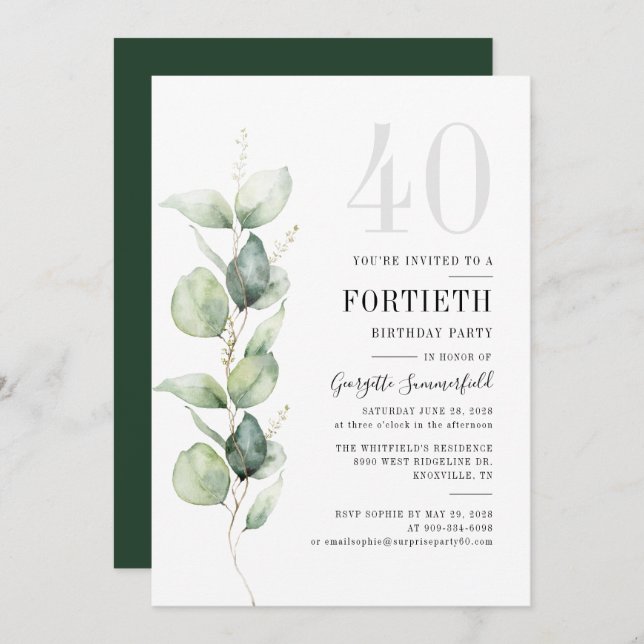 Greenery Eucalyptus 40th Birthday Party Invitation (Front/Back)