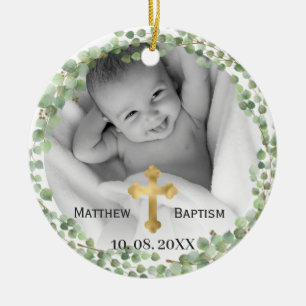 Greenery Eucalyptus Baby Baptism Photo Ceramic Ornament