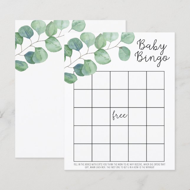 Greenery Eucalyptus - Baby shower bingo game (Front/Back)