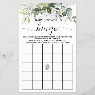 Greenery Eucalyptus Baby Shower Bingo Game card