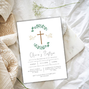Greenery Eucalyptus Bird Cross Christening Baptism Invitation
