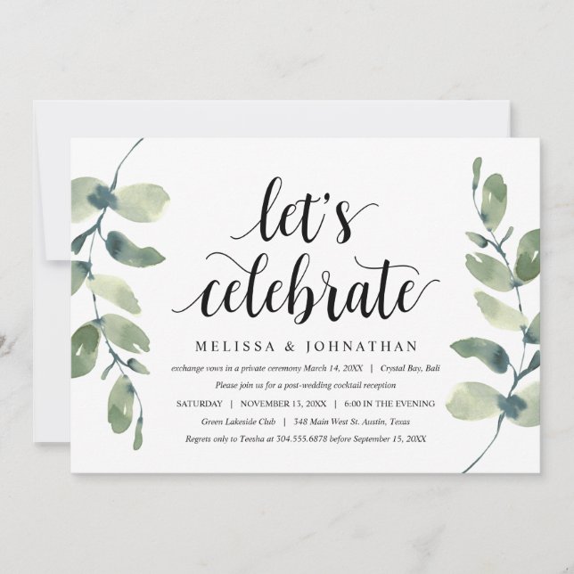 Greenery Eucalyptus,  Black Ink, Wedding Elopement Invitation (Front)