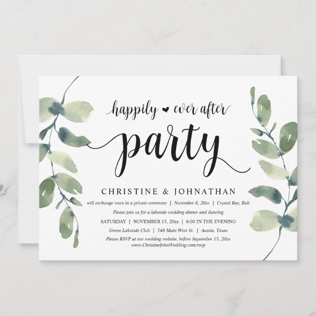 Greenery Eucalyptus,  Black Ink, Wedding Elopement Invitation (Front)