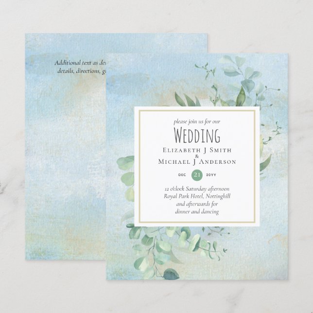 Greenery Eucalyptus Blue Wedding BUDGET Invites (Front/Back)
