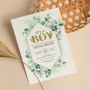 Greenery Eucalyptus Boy Baby Shower Watercolor Invitation