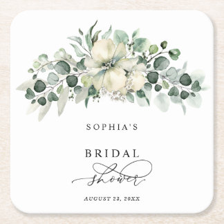 Greenery Eucalyptus Bridal Shower Square Paper Coaster