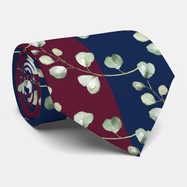 Greenery Eucalyptus Burgundy Navy Wedding Tie (Rolled)