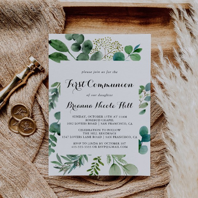 Greenery Eucalyptus Calligraphy First Communion Invitation (Creator Uploaded)