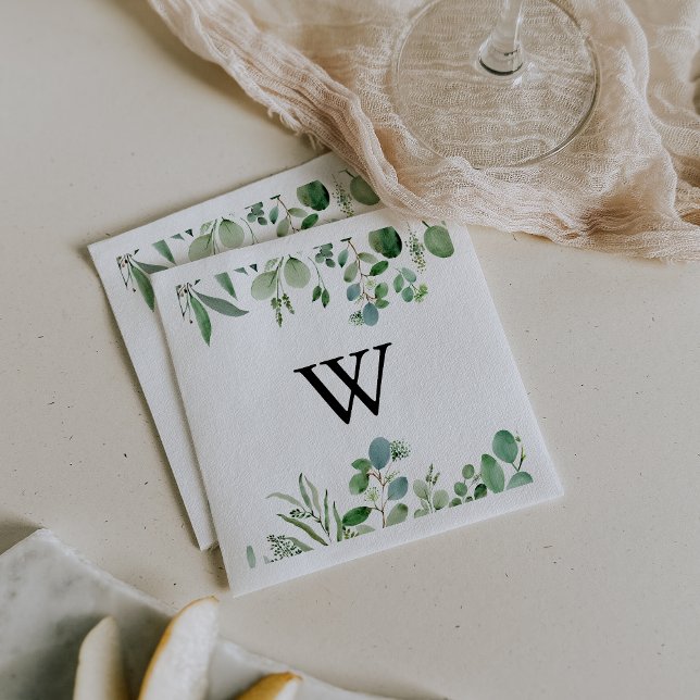 Greenery Eucalyptus Calligraphy Monogram Wedding Napkin (Creator Uploaded)