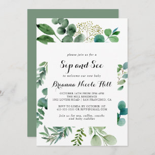 Greenery Eucalyptus Calligraphy Sip and See Invitation