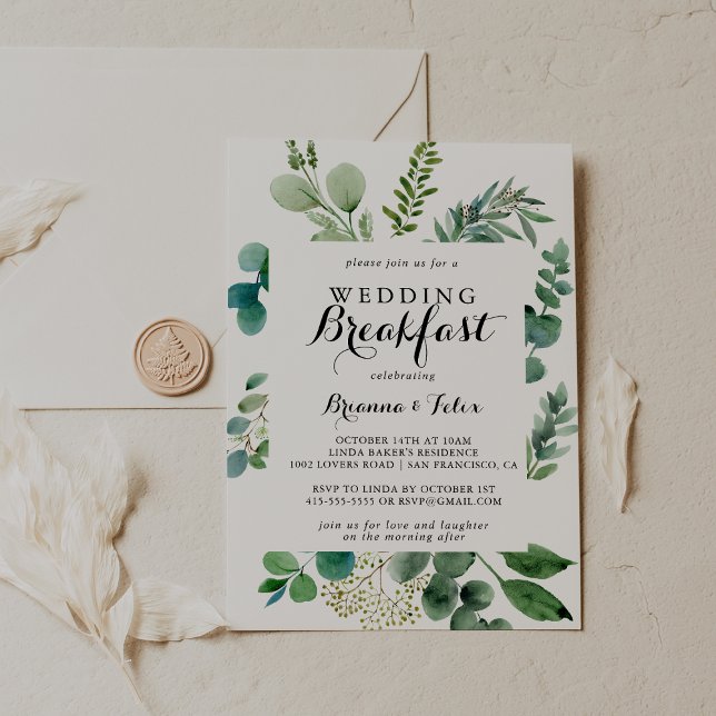 Greenery Eucalyptus Calligraphy Wedding Breakfast Invitation (Creator Uploaded)