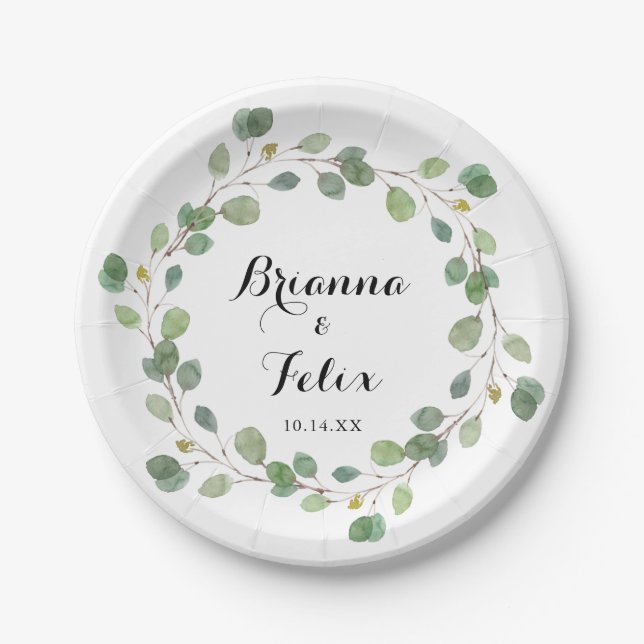 Greenery Eucalyptus Calligraphy Wedding Cake Paper Plate (Front)