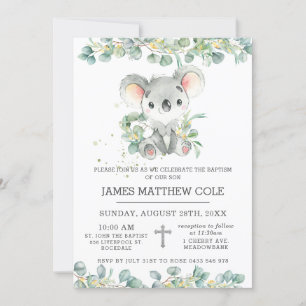 Greenery Eucalyptus Cute Koala Baptism Christening Invitation