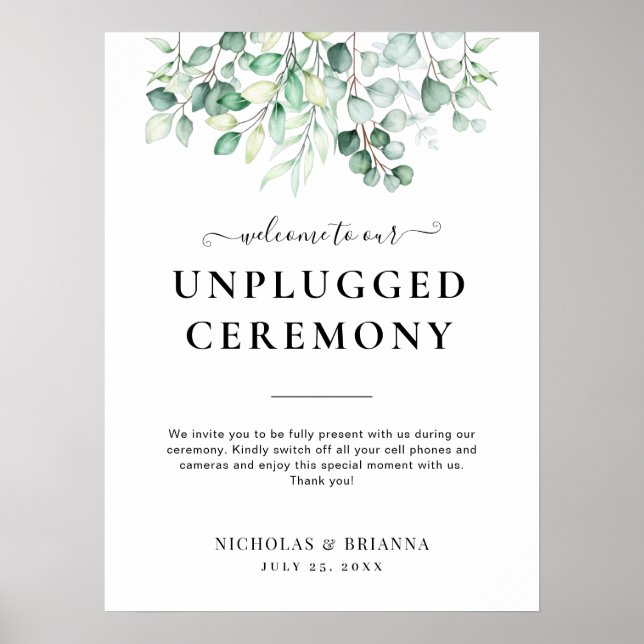 Greenery Eucalyptus Elegant Unplugged Wedding Sign (Front)