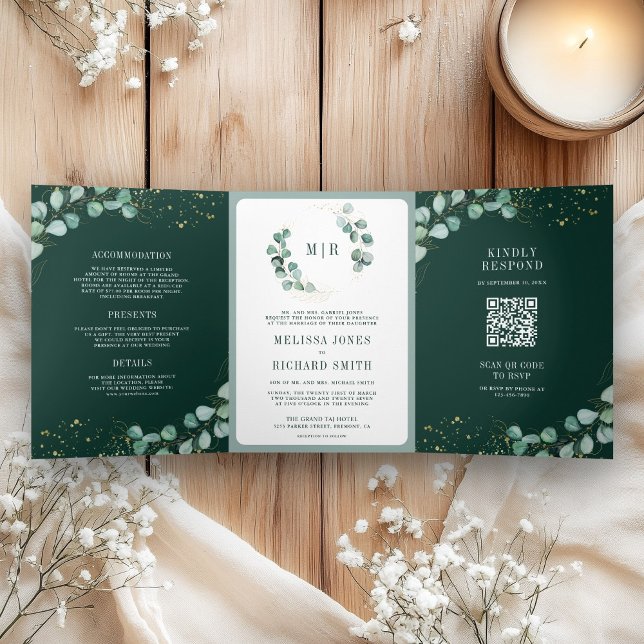 Greenery Eucalyptus Emerald Green QR Code Wedding Tri-Fold Invitation (Creator Uploaded)