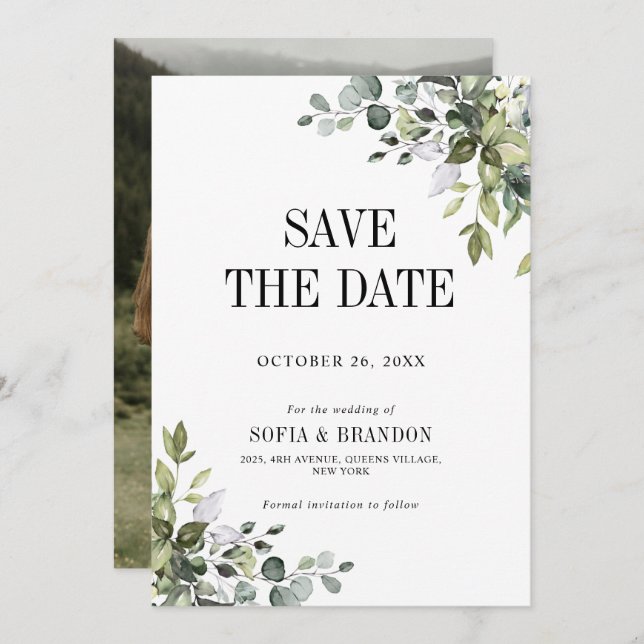 Greenery Eucalyptus Emerald Rustic Wedding Photo Save The Date (Front/Back)