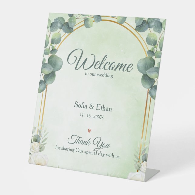 Greenery Eucalyptus Floral Welcome to Our Wedding  Pedestal Sign (Front)