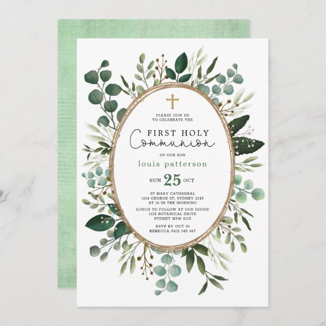 Greenery Eucalyptus Foliage Bouquet Holy Communion Invitation (Front/Back)