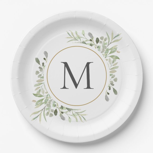 Greenery Eucalyptus Foliage Monogram Paper Plate (Front)