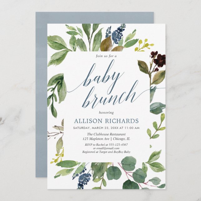Greenery eucalyptus gender neutral baby brunch invitation (Front/Back)
