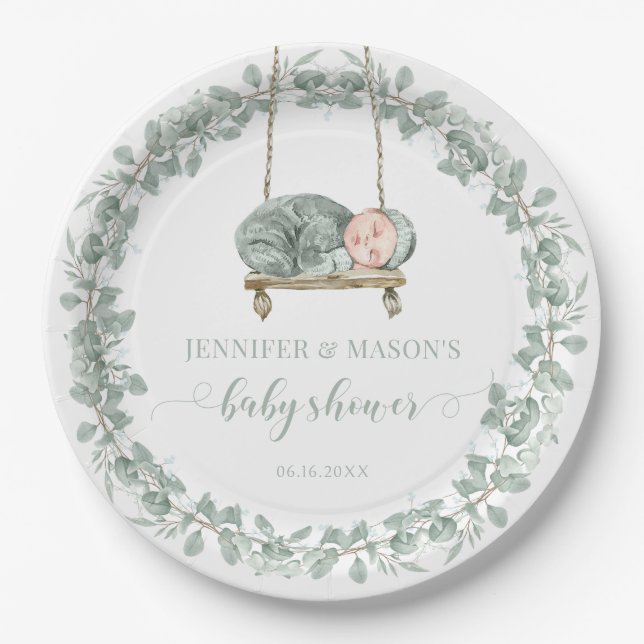 Greenery eucalyptus gender neutral baby shower paper plate (Front)
