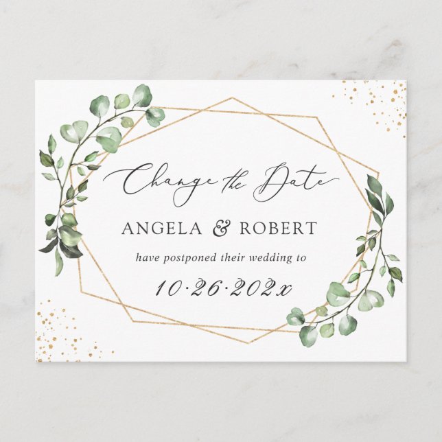 Greenery Eucalyptus Geometric Change the Date Postcard (Front)