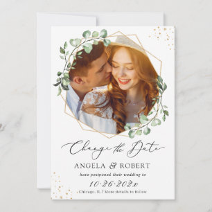 Greenery Eucalyptus Geometric Wedding Postponed Save The Date