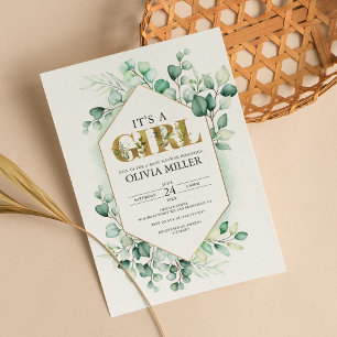 Greenery Eucalyptus Girl Baby Shower Watercolor Invitation