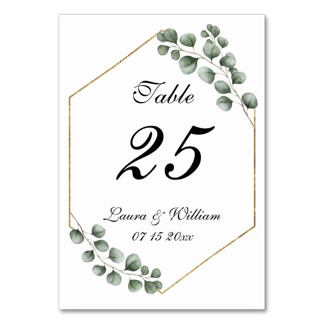 Greenery Eucalyptus Glitter Geometric Wedding Table Number (Front)
