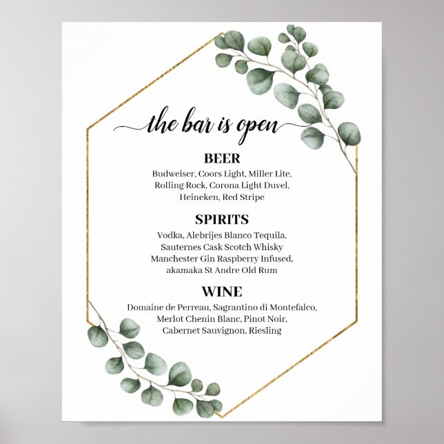 Greenery Eucalyptus Glitter Wedding Bar Menu Sign (Front)