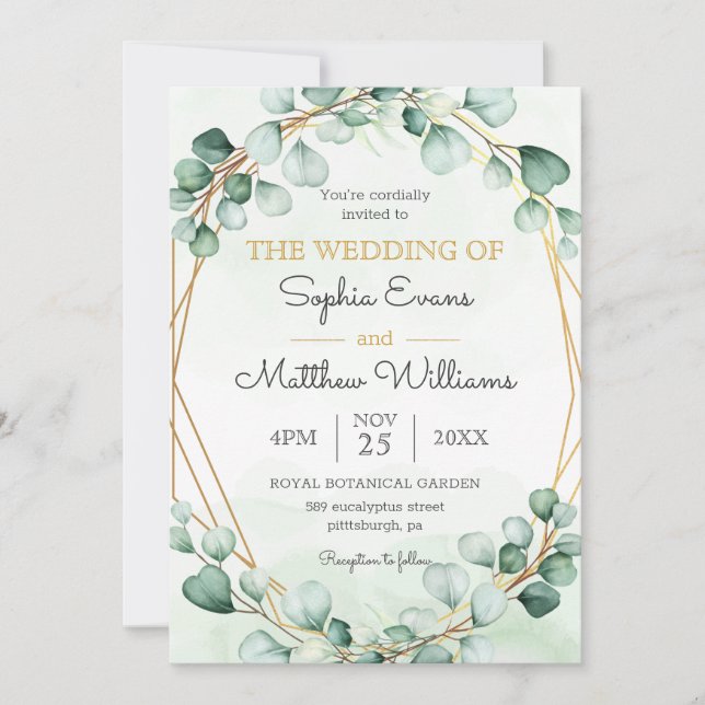 Greenery Eucalyptus Gold Frame Geometric Wedding Invitation (Front)