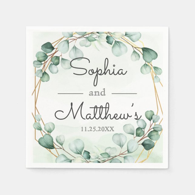 Greenery Eucalyptus Gold Frame Geometric Wedding Napkin (Front)