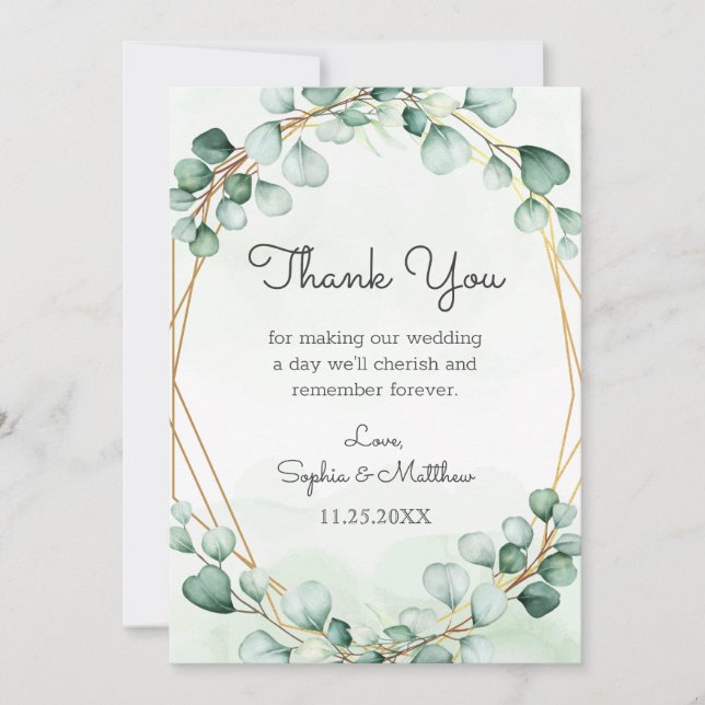Greenery Eucalyptus Gold Frame Geometric Wedding Thank You Card (Front)
