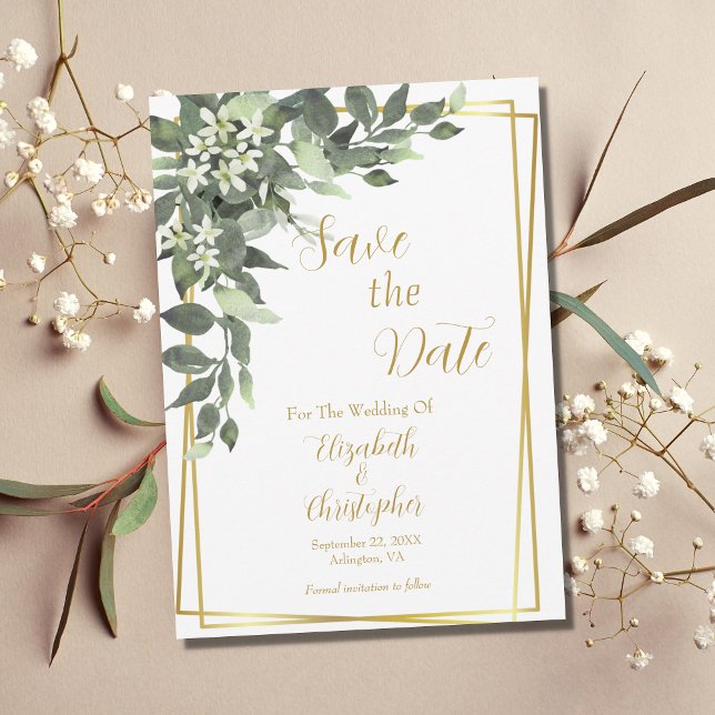 Greenery Eucalyptus Gold Frame QR code Wedding Save The Date (Creator Uploaded)