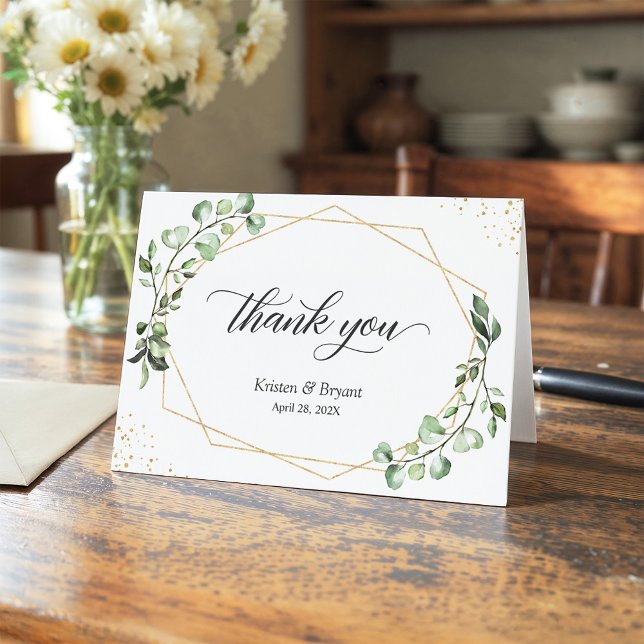 Greenery Eucalyptus Gold Geometric Frame Thank You Card (Creator Uploaded)