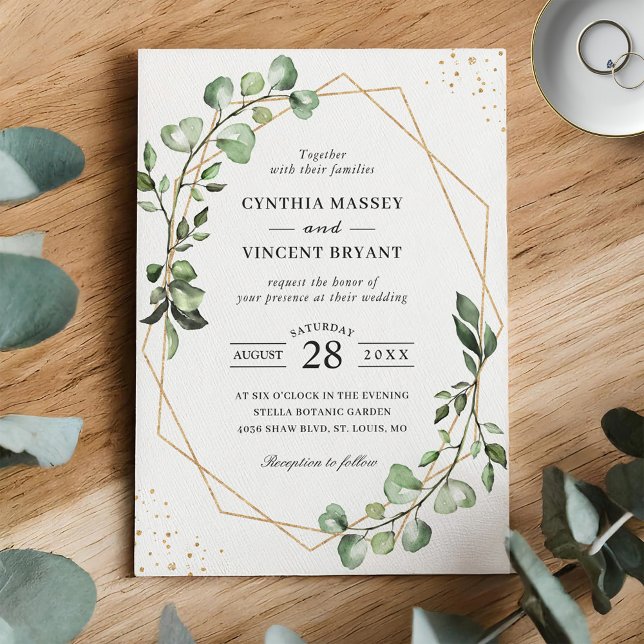 Greenery Eucalyptus Gold Geometric Frame Wedding Invitation (Creator Uploaded)
