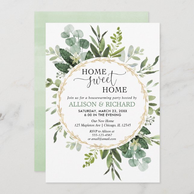 Greenery eucalyptus housewarming party invitation (Front/Back)