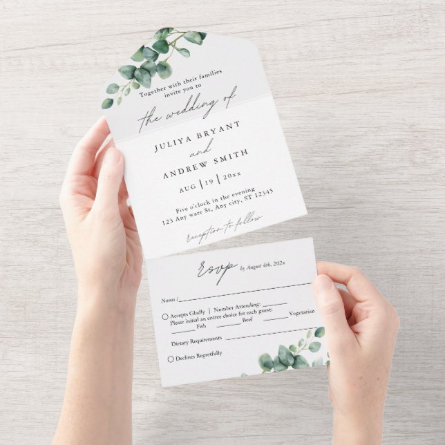 Greenery Eucalyptus in white script wedding All In One Invitation (Tearaway)