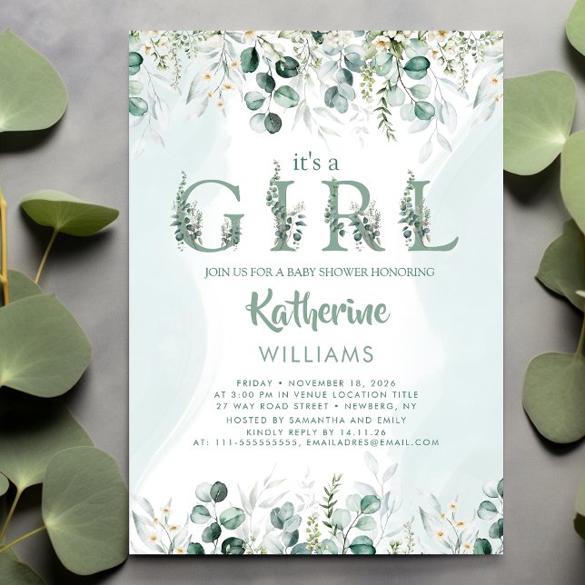 Greenery Eucalyptus It's A Girl Baby Shower Invitation (Creator Uploaded)