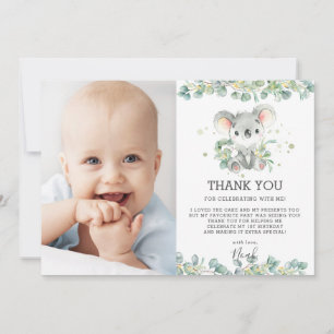 Greenery Eucalyptus Koala 1st Birthday Boy Photo Thank You Card
