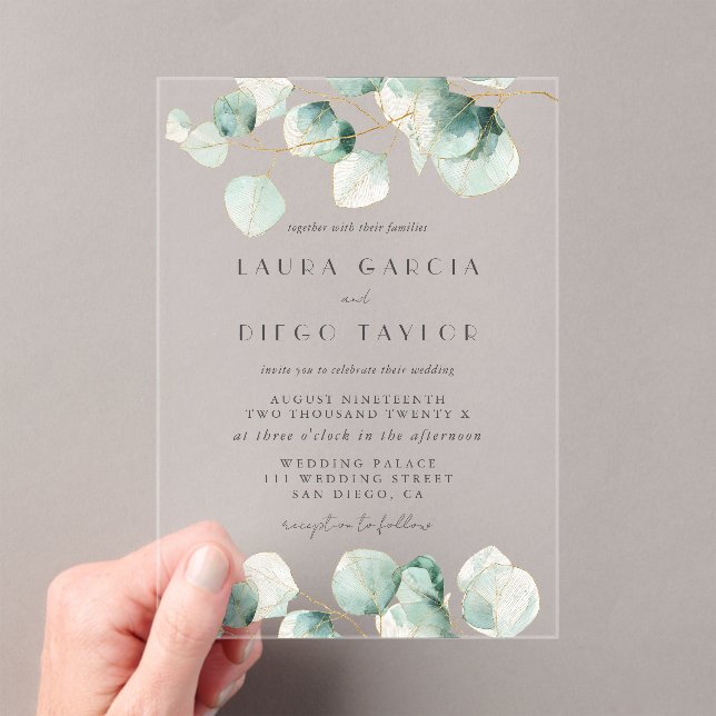 Greenery Eucalyptus Leaf Elegant Wedding Acrylic Invitations (Insitu (Handheld))