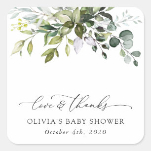Greenery, Eucalyptus Leaves, Boho, Baby Shower Square Sticker