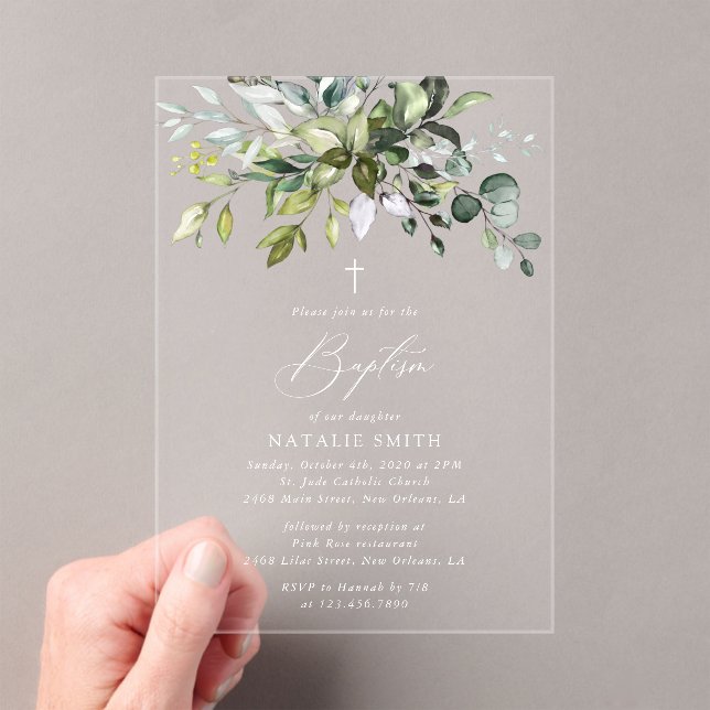 Greenery, Eucalyptus Leaves, Boho, Baptism Acrylic Invitations (Insitu (Handheld))