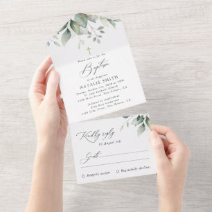 Greenery, Eucalyptus Leaves, Boho, Baptism All In One Invitation