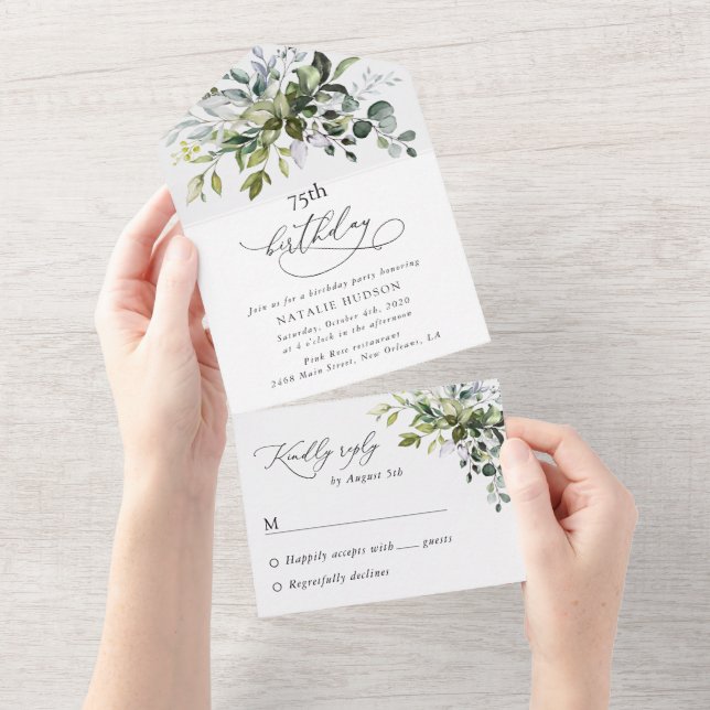 Greenery, Eucalyptus Leaves, Boho, Birthday All In One Invitation (Tearaway)